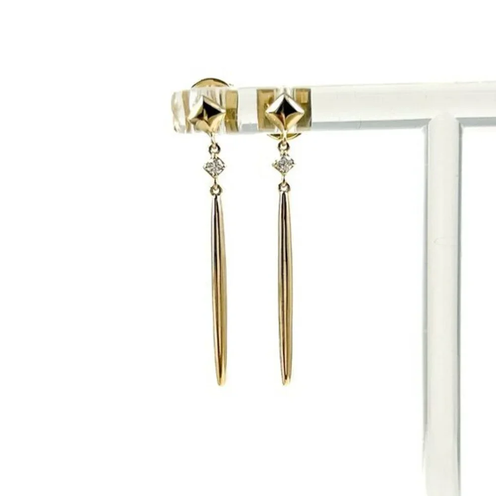 14k Yellow Gold Spike Dangle Earrings w/ Diamond, Post NWT .05ctw